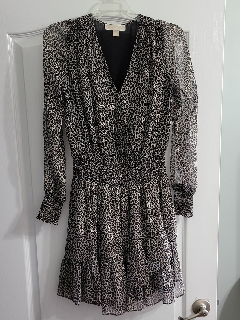 MICHAEL Michael Kors Black and White Leopard Print Long-Sleeve Dress
